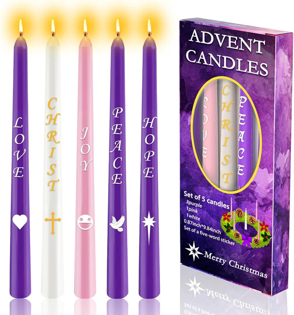 Advent Candles Set of 5, Christmas Taper Candle with Letters & Pattern, 10 Inch Dripless Seasonal Candle, Advent Wreath Nativity Candle for Holidays, Church, Devotional, Celebration, Party