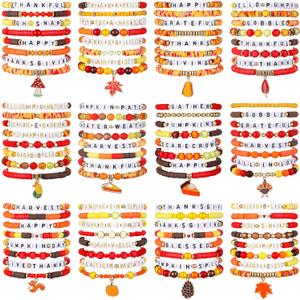 96 Pcs Thanksgiving Fall Bracelets Set Fall Inspirational Friendship Bracelets Bulk Autumn Maple Leaf Pumpkin Charm Stretch Adjustable Flat Beaded Jewelry for Friend Party Favors Gifts