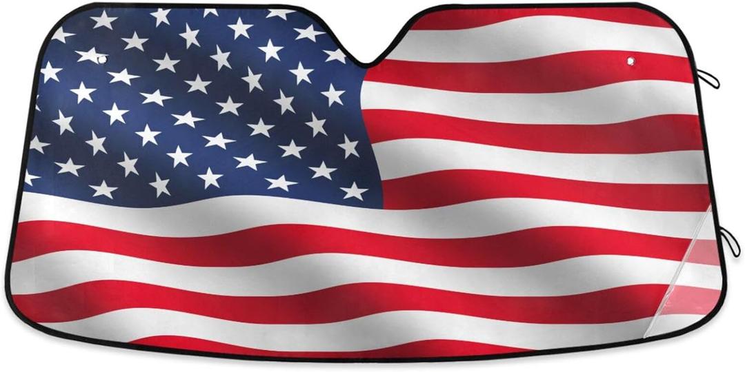 Waving USA American Flag Windshield Sun Shade for Car Auto SUV Truck Foldable Front Window Sunshade Sun Visor Protector Block UV Rays Reflect Heat, 55" x 28" (A020)
