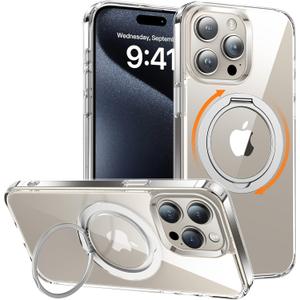 Meifigno 360 LoopStand Series for iPhone 15 ProMax Case with Stand, [MagSafe Compatatible][Military-Grade Protection], Translucent Metal Ring Case for iPhone 15 Pro Max 6.7'', Crystal Clear