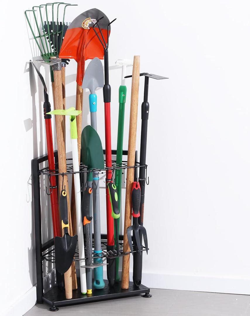 Garden Tool Organizer for Corner,Yard Tools Rack for Garage Storage Organization,Garage Tool Holder Free Standing No Mount.Heavy Duty and Solid Metal for Indoor and Outdoor Use.