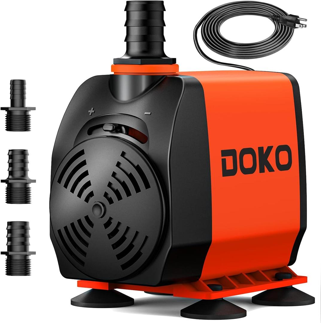 DOKO 1050GPH Submersible Water Pump, 100W Ultra Quiet Fountain Water Pump with 13ft Head Lift, 6FT Power Cord & 3 Nozzles - for Ponds, Aquariums, Waterfalls, Fish Tanks & Hydroponics