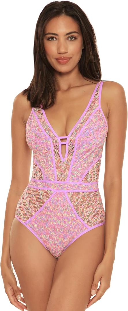 BECCA Color Play One Piece Swimsuit, Plunge Neck, Crochet, Bathing Suits for Women (Small, Orchid)