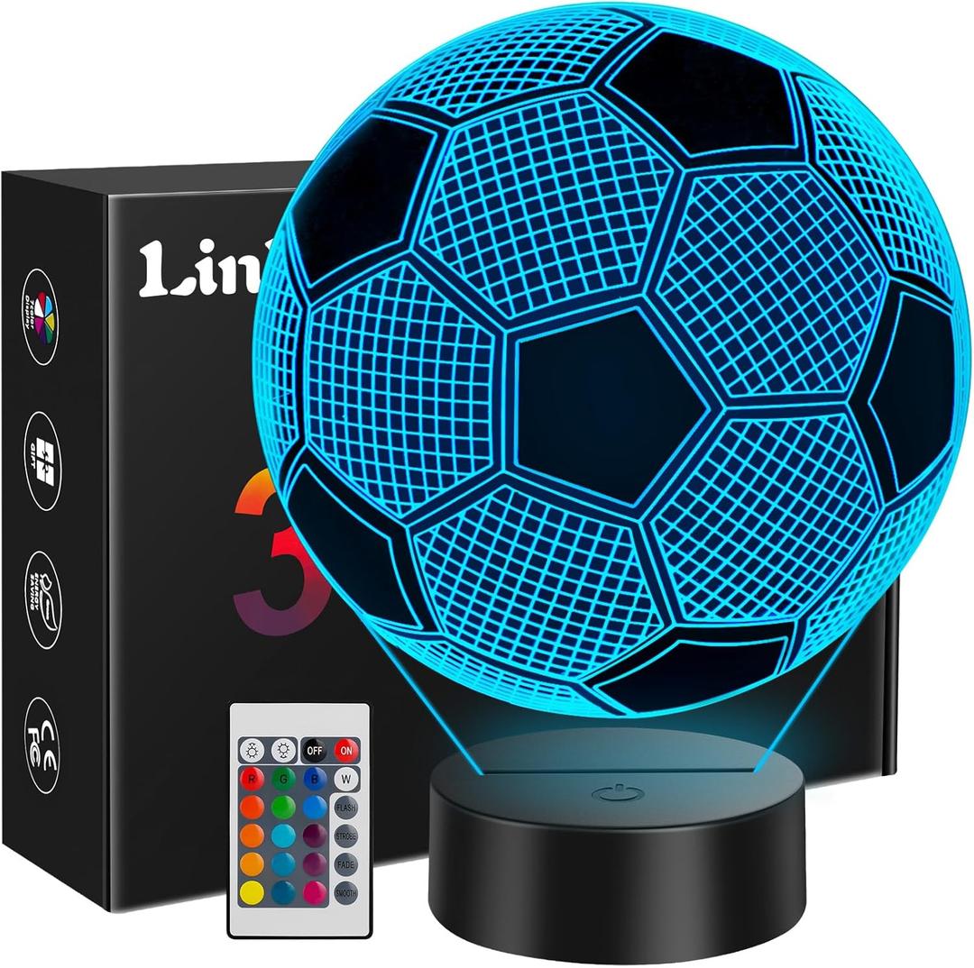 Linkax Soccer Gifts for Teens Boys Girls, Soccer Ball 3D Illusion Lamp Night Light Room Decor, 16 Colors Change 6 7 8 9 10 11 12 Year Old Boy Sports Fan Birthday Gifts