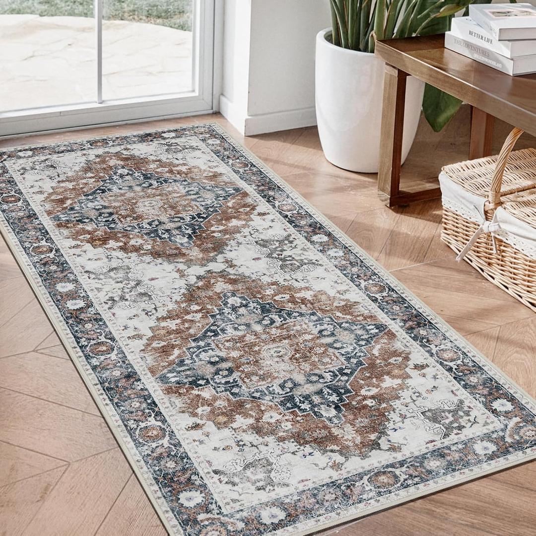 Runner Rug 2x56Non Slip Machine Washable Vintage Hallway Carpet Runner, Low Pile Lightweight Chenille Print Rugs for Entryway, Hallway, Bedroom, Kitchen and Corridor, Beige Red Black