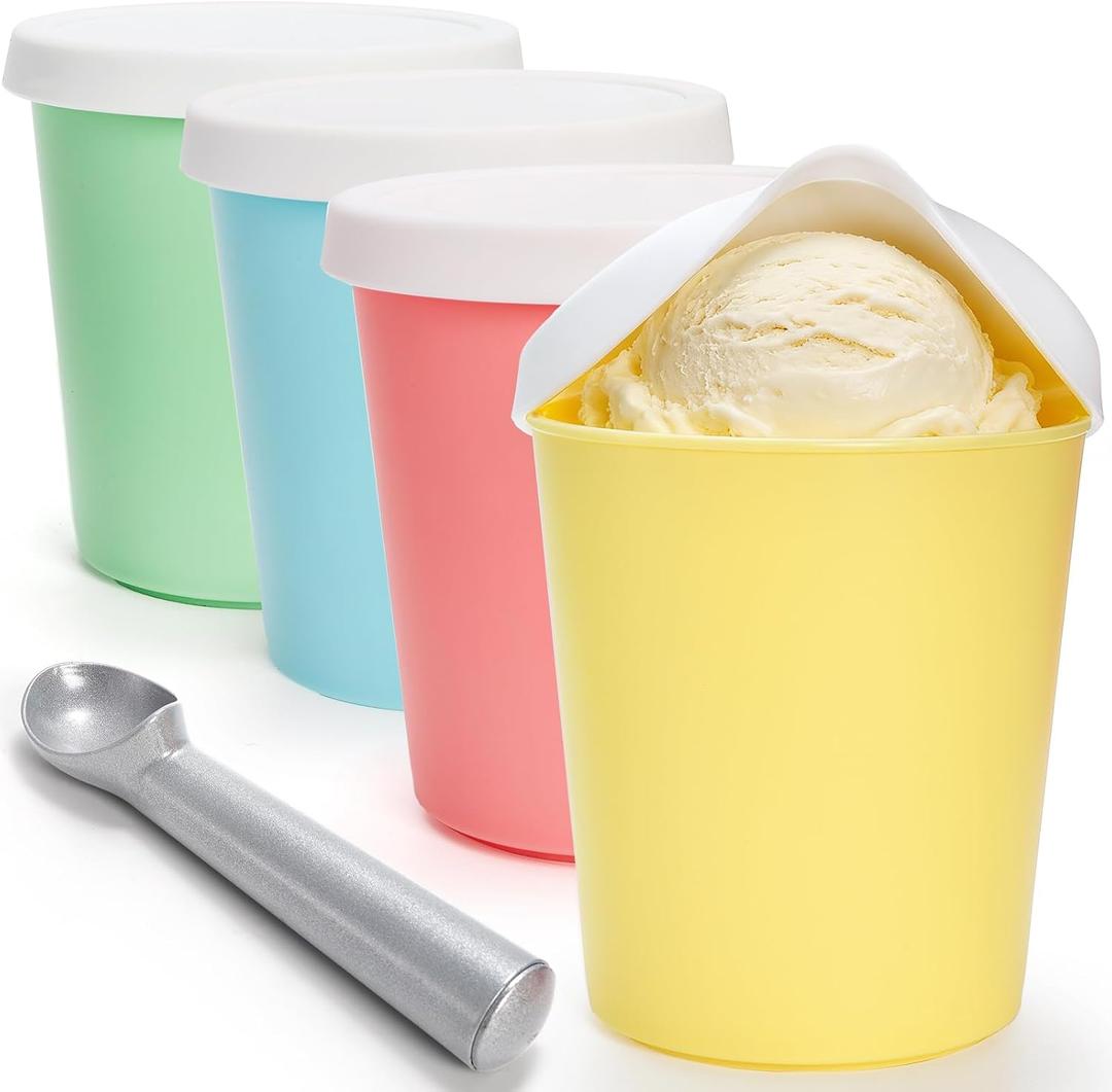 4 Pack Ice Cream Containers, 1 Quart Reusable Freezer Storage Tubs with Silicone Lids Spoon, Ice Cream Pint BPA-Free Yogurt Containers for Homemade Sorbet, Dishwasher Safe