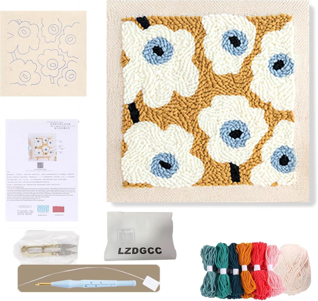 Embroidery Punch Needle Kit Frame, Punch Needle Kits Adults Beginner, Embroidery Starter Kit, Punch Needle Tool with 9.8x9.8 in Punch Needle Fabric with Pattern, Threader, Yarns, Pinch Needle (White)