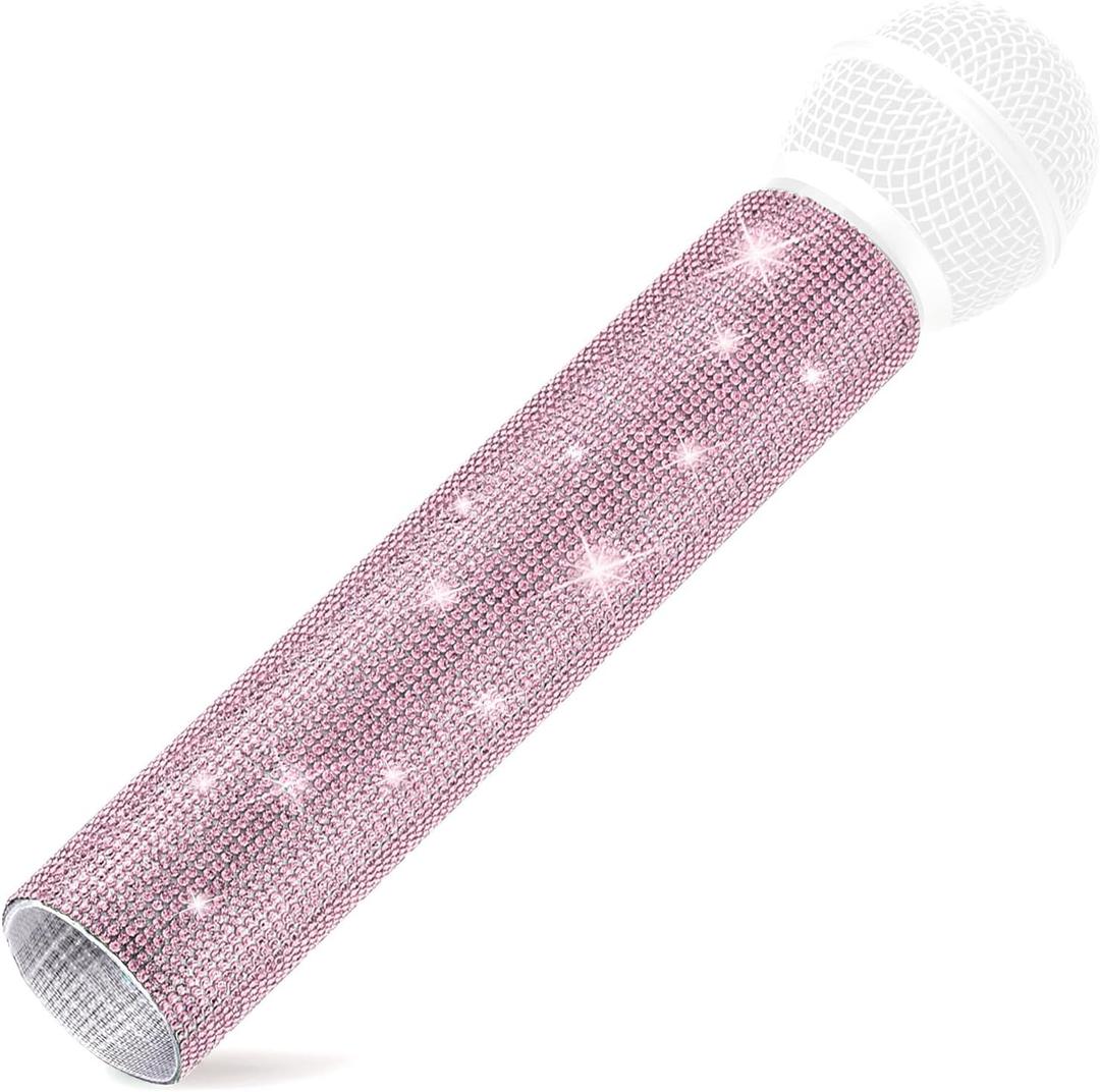Facmogu MIC NOT Include Pink Microphone Decorative Sleeve, Wireless Microphone Cover, Pretend Glitter Bedazzled Microphones Sleeve, Sparkly Bling Rhinestones Mic Cover for Disco Stage Party & TV Show