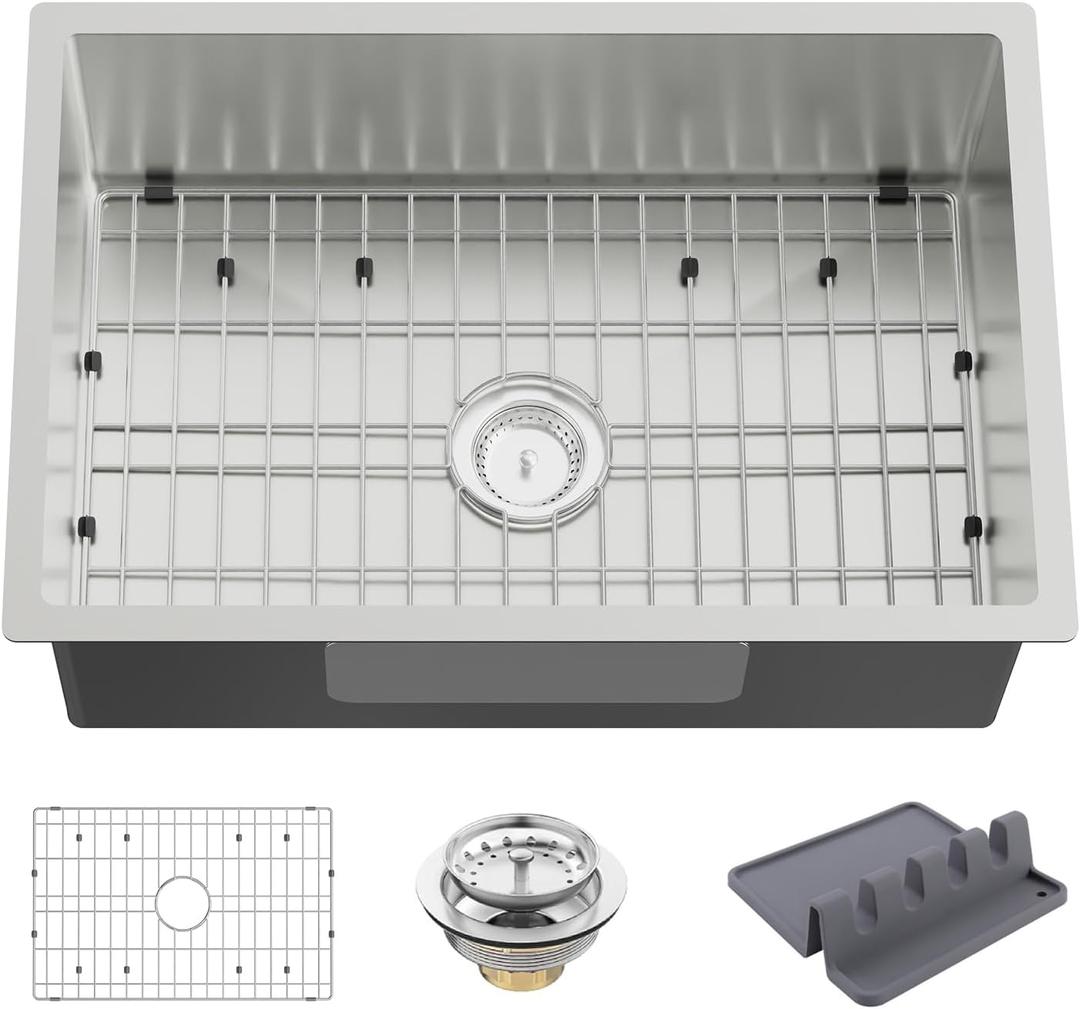 Stainless Steel Drop In Kitchen Sink - 27x18 Inch Modern Undermount Single Bowl - SS Grid, Spoon Rest, Drain Strainer Set, 27x18x9 inches