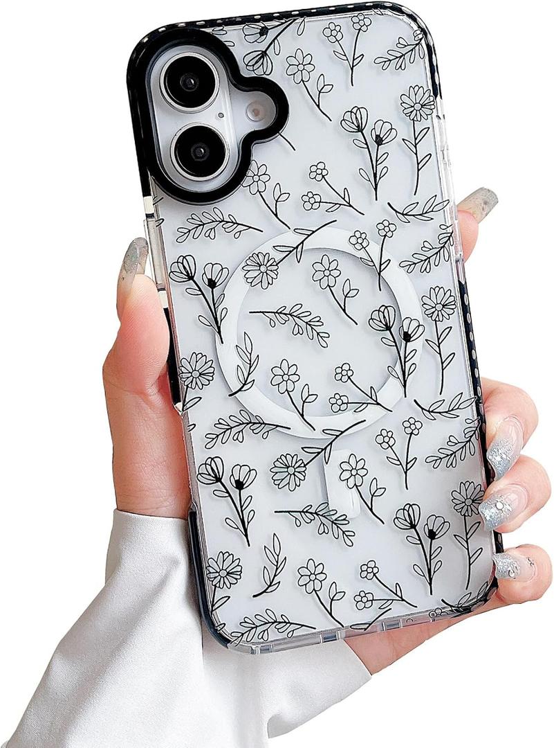 Compatible with iPhone 17 Case [Compatible with MagSafe] Clear Floral Cute Black Flowers for Women Girls Soft Silicone Shockproof for iPhone 17 Case-Black