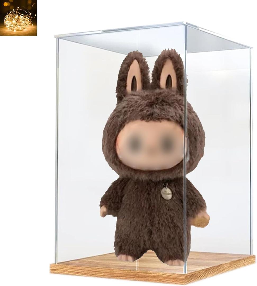 Clear Acrylic Display Case for Zimomo Angel in Clouds I Found You, Display Box for Big Doll Toy for LABUBU for Pop Mart, Thickened Wooden Base with Door UV Protection Dustproof 13.8x11.8x23.6 inch