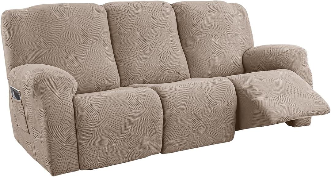 5-Piece Recliner Sofa Covers,Stretch Geometric Strokes Jacquard Recliner Sofa Slipcovers,Seamless Furniture Protector with Pocket,Soft Breathable Couch Cover,3 Seater Taupe