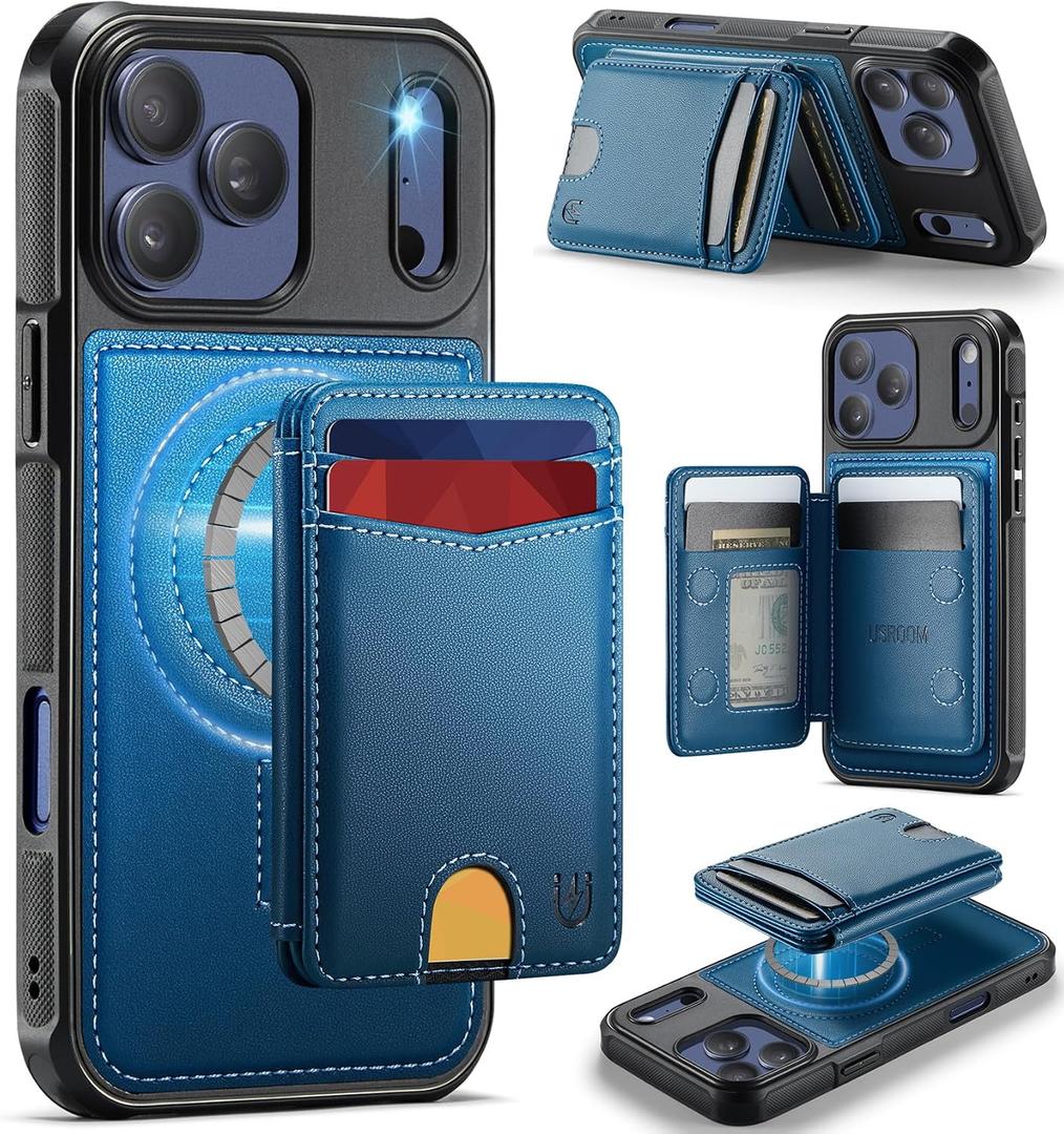 for iPhone 17 Pro Max Wallet Case Compatible with Magsafe, Magnetic RFID Blocking Card Holder Kickstand 2 in 1 Detachable Case for iPhone 17 Pro Max 6.9", Blue