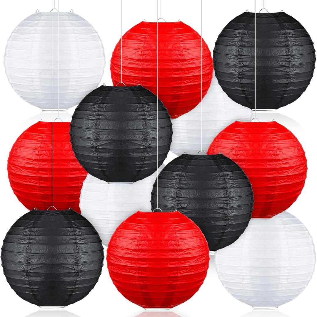 Panelee 12 Pcs Black Red White Paper Lantern Party Decoration 8 Inches Hanging Round Lanterns Hanging Paper Decoration for Wedding Graduation Birthday Theme Party Decor Supplies