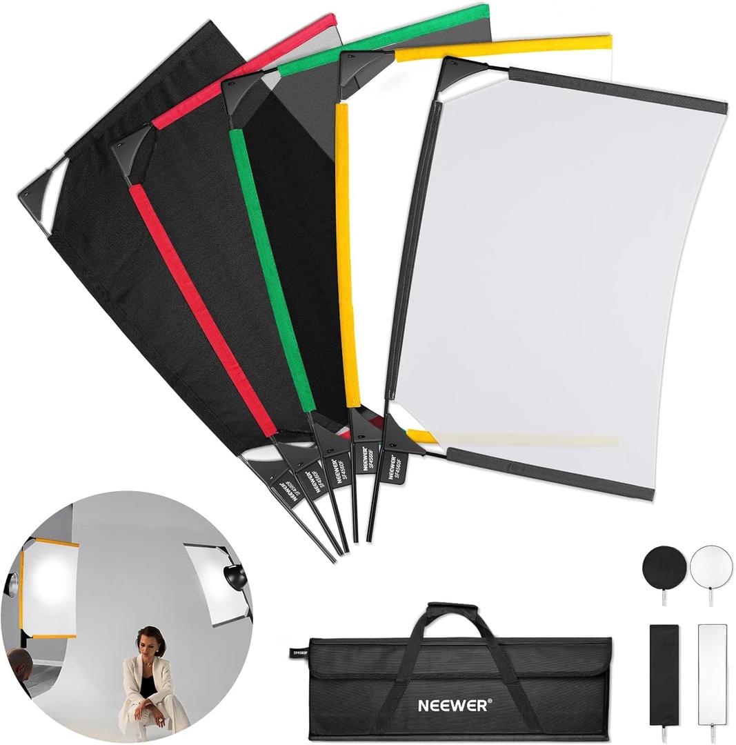 Neewer Foldable Scrim Flag Kit, 18x24in/45x60cm 5 in 1 Photography Flag Panel Lighting Reflector Diffuser Light Modifier Shaper for Soft, Diffused & Light Effects, Carry Bag Included, SF4560F