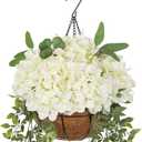 Hollyone 13" Fake Hanging Plants Flowers White Hydrangea Artificial Flowers Arrangements Large in Hanging Basket UV Resistant Silk Flower Plant Faux Hydrangea Flower with Pot Outdoor Indoor Decor