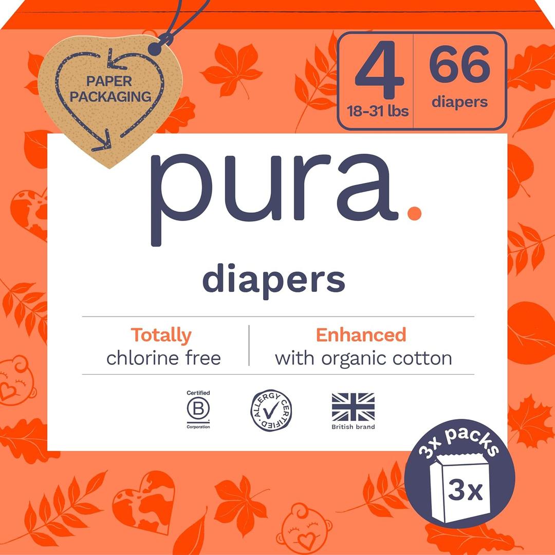 Pura Size 4 Eco-Friendly Diapers (18-31lbs) TCF Hypoallergenic, Soft Organic Cotton, Sustainable, up to 12 Hours Leak Protection, Allergy UK, Recyclable Packaging, 3 Packs of 22 (66 Diapers)