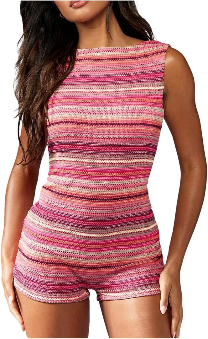 Verdusa Women's Striped Backless Tank Romper Sleeveless Boat Neck Knitted Casual Shorts Jumpsuit Pink Medium