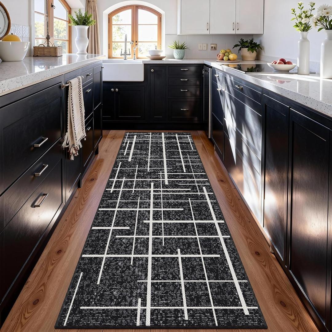 Modern Kitchen Runner Rug Non Slip 2.6x8 , Washable Distressed Stripe, Hallway Runner, Woven Thin Low Pile Carpet Runners for Hallway 8ft Entryway, Kitchen, Walkway- Midnight Black