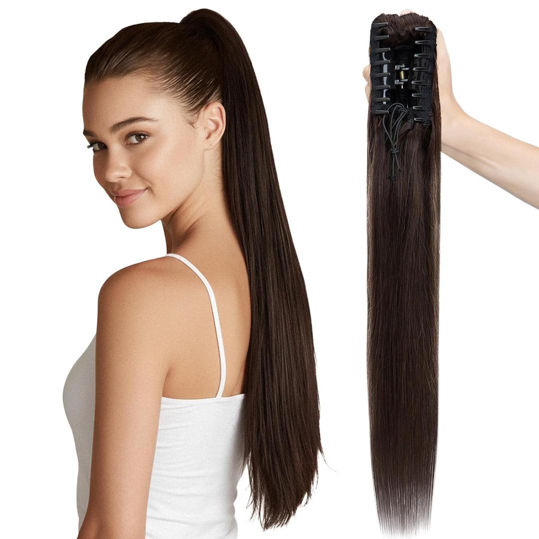 MY-LADY Ponytail Extension Human Hair Claw Clip in Ponytail Hair Extension Straight Pony Tail Hair Extensions Real Human Hair for Women Dark Brown 16 Inch 105g