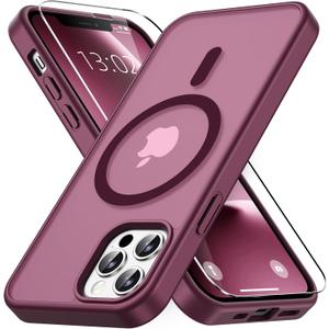 Vansdon for iPhone 12 Case & iPhone 12 Pro Case, Compatible with MagSafe, Magnetic Translucent Matte Slim Protective Cover with 1 Screen Protector - Military-Grade Shockproof (Wine Red)