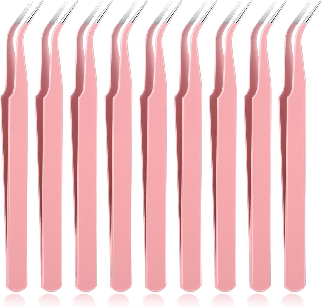 9 Pcs Precision Tweezers, Stainless Steel Craft Tweezers for Crafting, Curved Tweezer Multipurpose Pointed Long Tweezer for Crafting DIY Bead Jewelry Making, Scrapbooking, Crafts, Nail Art (Pink)