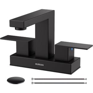 Matte Black Bathroom Sink Faucet, Hurran 4 inch Bathroom Faucets for Sink 3 Hole with Pop-up Drain and Supply Lines, Stainless Steel 2-Handle Faucet for Vanity RV Restroom