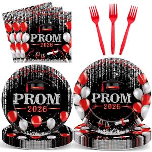 ZOIIWA 96Pcs Prom Night 2026 Grad Party Tableware Supplies Graduation Plates Napkins Class of 2026 Party Decorations Congratulations Graduate Plate Forks Napkins for High School College Red and Black