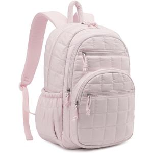 Bookbag for Women, Teen Girls Backpack for High School College Student, Puffer Quilted Back Pack Cute Laptop Backpack 17.3in for Work Travel Mom Casual, Pink