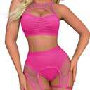 ABAFIP Women Rave Outfits Cutout Fishnet Top Booty Shorts Bottom Choker 3Pcs Babydoll Nightwear Festival Lingerie (Large, Rose)