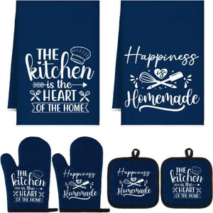 Sratte 6 Pcs Kitchen Decor Accessories Set Farmhouse Towels Pot Holders Oven Mitts Set 2 Dish Towels 2 Potholders 2 Cooking Mittens Oven Glove for Christmas Baking Cooking Supply(Blue,Kitchen)