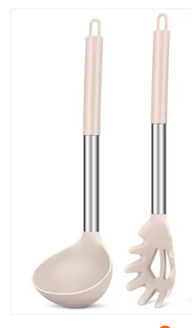 Silicone Pasta Fork and Ladle Spoon Set, Large Non Stick Kitchen Utensils for Cooking, Stirring, Soupand Sauce, Khaki