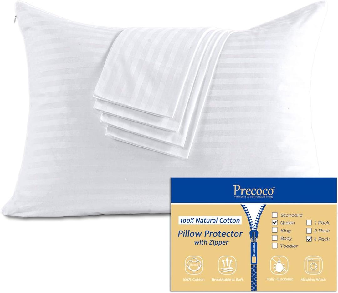 Cotton Queen Size Pillow Cases Set of 4, White Pillow Protectors with Zipper, Cooling Breathable Hidden Zippered Pillow Covers & Pillowcases Covers for Hot Sleepers, 20x30 Inches