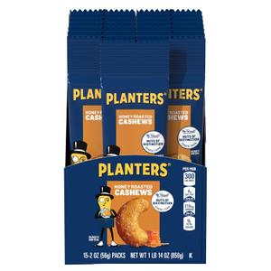 PLANTERS Deluxe Honey Roasted Whole Cashews, Party Snacks, Plant-based Protein, 2 oz Bags (Pack of 15) (EXP 01/22/27)