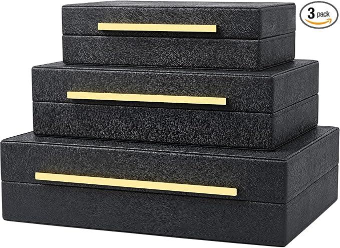 Black Shagreen Box Faux Leather Set Of 3 Pcs Storage Decorative Boxes,Modern Stacking Decorative Boxes with Lids For Home Decor Coffee Table Top Storage Jewelry Box Organizer