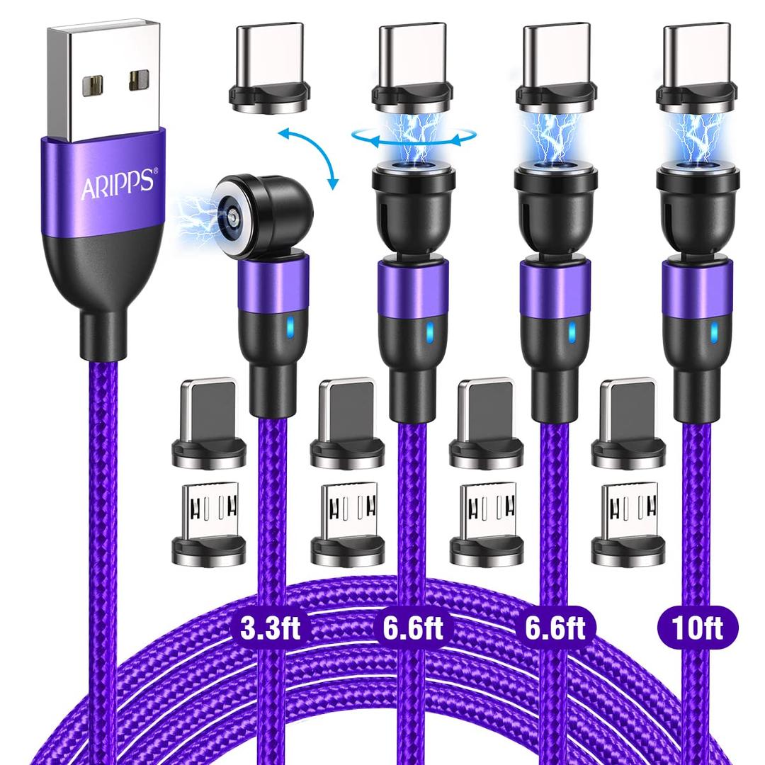 Magnetic Charging Cable 4 Pack (3.3ft/6.6ft/6.6ft/10ft), 540 Degree Rotating Magnet Phone Charger Cable, 3 in 1 Nylon Magnetic USB Cable for Micro,Type C and iProduct Device