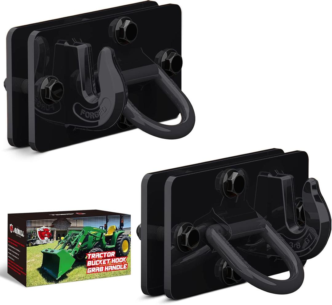 2 Pack Tractor Bucket Hooks with Tie Down Ring, Grade 70 Forged Steel Bolt On Grab Hook Tow Hook Mount with Backer Plate, Work Well for Tractor Bucket, RV, UTV, Truck, Max 15,000 lbs Black
