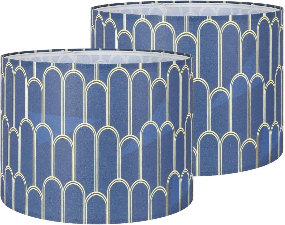 Blue Lamp Shades with Gold Arches Design,13 "Top x 13" Bottom x 10 "Height(Spider) Fabric Lampshades for Table Lamps, Drum Lamp shades set of 2, Support E26/E14 Base