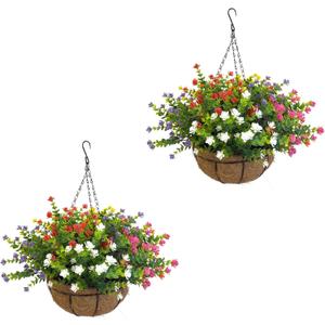Artificial Hanging Plants Flowers with Basket 2 Packs, Artificial Hanging Flowers for Outdoors, Faux Hanging Plants Outdoor, Yellow+Purple+White+Orange+Pink+Red