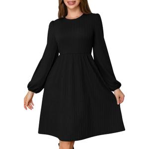 MarryUP Women's Fall Knit Sweater Dress V Neck Cute Balloon Long Sleeve A-Line Swing Casual Mini Wedding Guest Dresses with Pockets Black, Size L