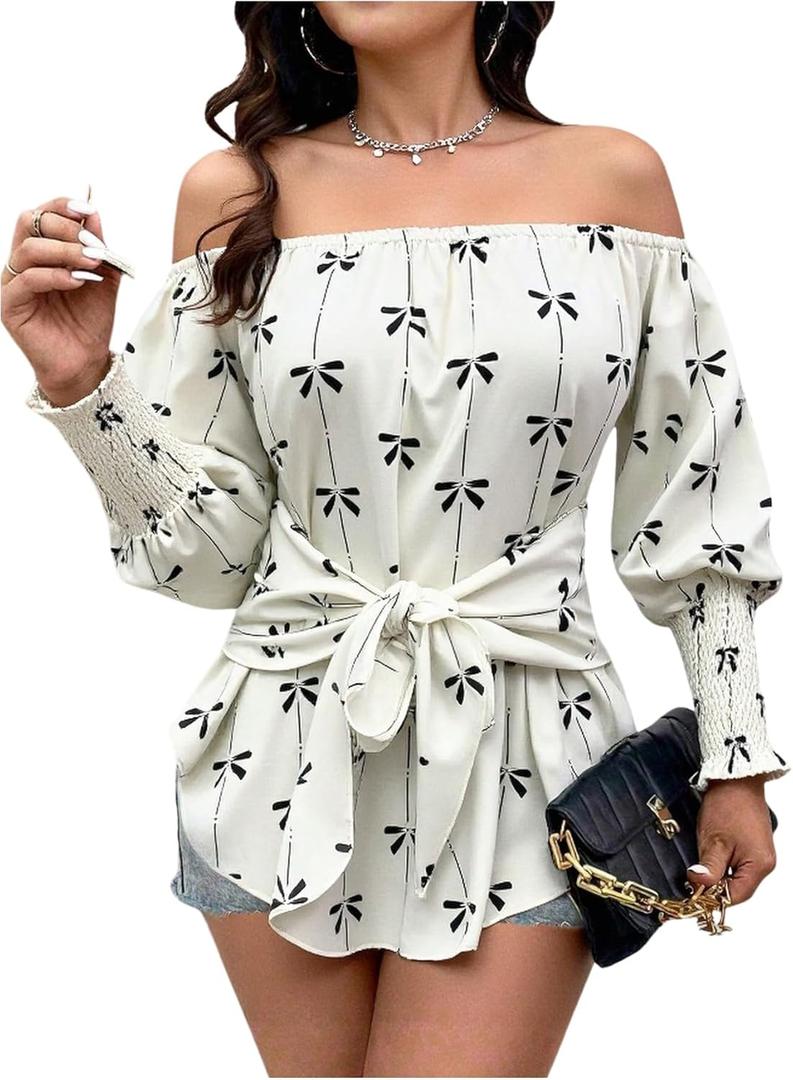 SOLY HUX Women's Bow Print Off The Shoulder Tops Tie Front Lantern Long Sleeve Blouse Shirt (S)
