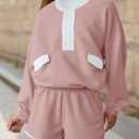 Fisoew Womens 2 Piece Sets Sweatsuits Casual Half Button Color Block Sweatshirts Running Shorts Tracksuits Fall Outfits, XXL, Pink