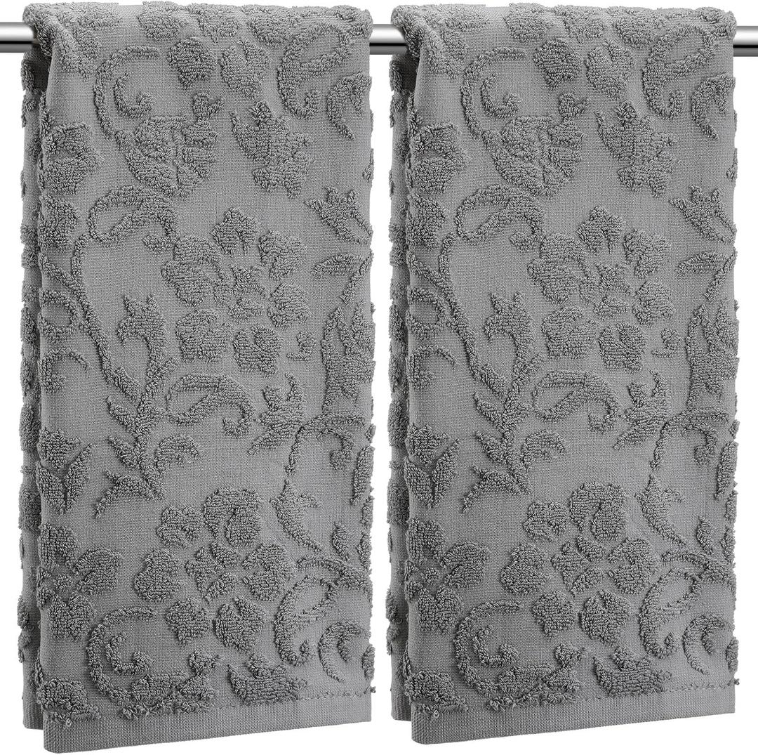 2 Pcs Quality Floral Jacquard Hand Towels Set for Bathroom Gray Hand Towels 100% Cotton Absorbent Decorative Weave Bath Decor Neutral Bathroom Decor Gift, 13.7 x 29.5 Inch