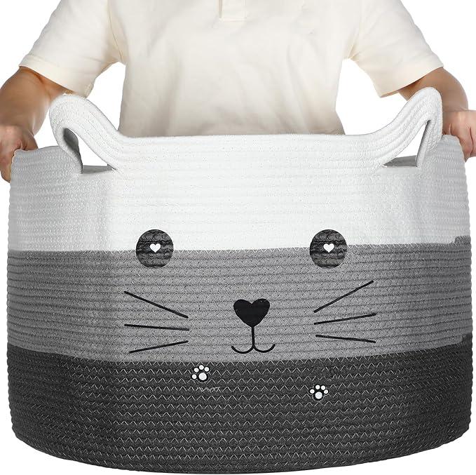 Zopeal Cat Basket Storage Woven Organizer with Ears Easter Decorative Pet Toy Cute Cotton Rope Basket for Gift Cat Dog Toy Bin Nursery Room(21.7 x 13.8 Inch,White, Light Gray and Gray)