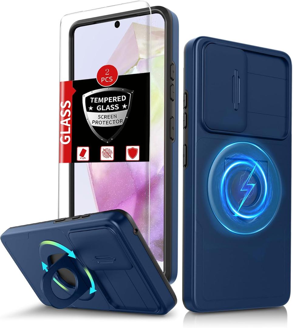 for Samsung Galaxy A35 Case with 2 Screen Protectors,Built-in Slide Camera Cover,with 360Kickstand Ring for A35 Case Shockproof Anti-Scratch Military-Grade Drop Heavy Duty Protection Blue