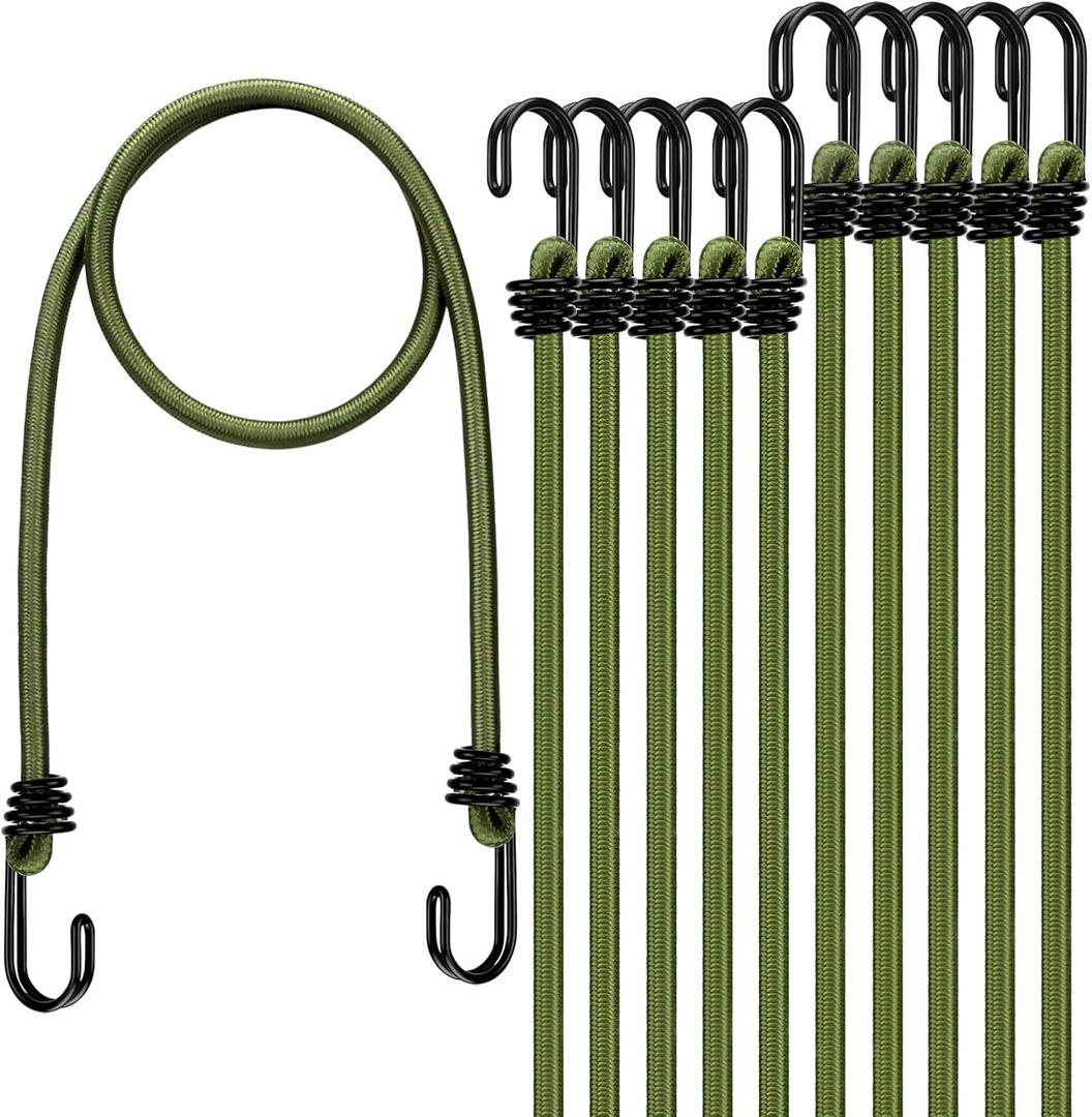 30" Green Bungee Cords with Hooks: 10 Pcs Bungee Cords Heavy Duty Outdoor, Bungie Cord Bundle Assortment with Metal Hook, Bungee Straps for Kayaking, Camping, Garage Storage