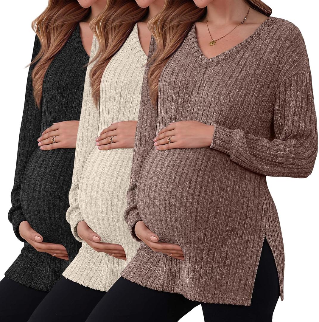 3 Pack Women's Ribbed Maternity Shirts, Long Sleeve V Neck Pregnancy Sweaters with Side Split Pregnant Clothes (Brown, Apricot, Black, M)