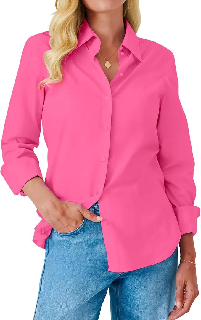 Button Down Shirts for Women Dress Shirt Long Sleeve Wrinkle Free Collared Blouse Work Business Office Solid Tops (M)