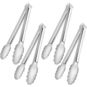 4 Pack Serving Tongs for Buffet,Metal Kitchen Tongs,Stainless Steel Food Tongs, Small Tongs for serving, Silver (12IN)