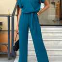 PRETTYGARDEN Women's Short Sleeve V Neck Jumpsuits Summer Long Pants Rompers Business Casual Outfits (Lake Blue, Medium)